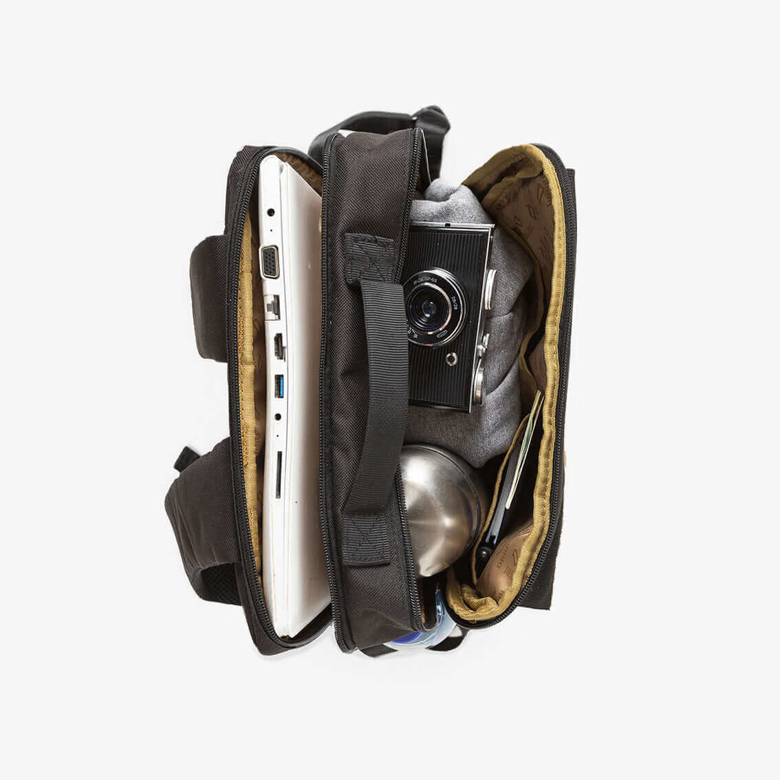 DRiiBE CITYC 2-in-1 travel backpack showing interior compartments with multiple pockets and adjustable straps for versatile use.