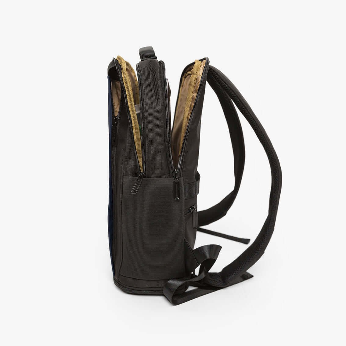 Open navy blue DRiiBE CITYC 2-in-1 laptop backpack showing padded compartments and adjustable straps for versatile carrying.