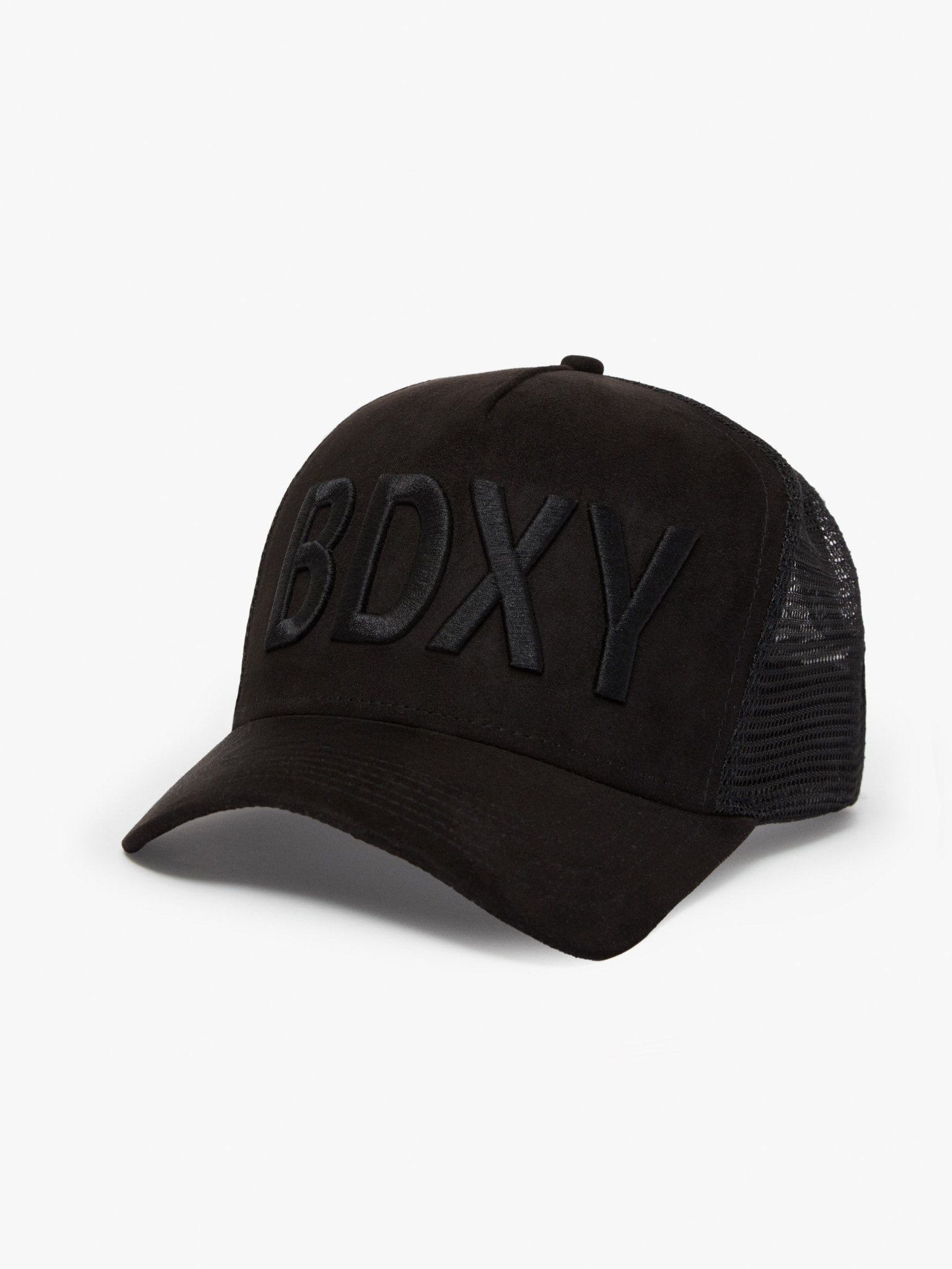 Black "The Gaffer" trucker cap by BDXY Studios with mesh back and curved brim, displayed on a plain background.