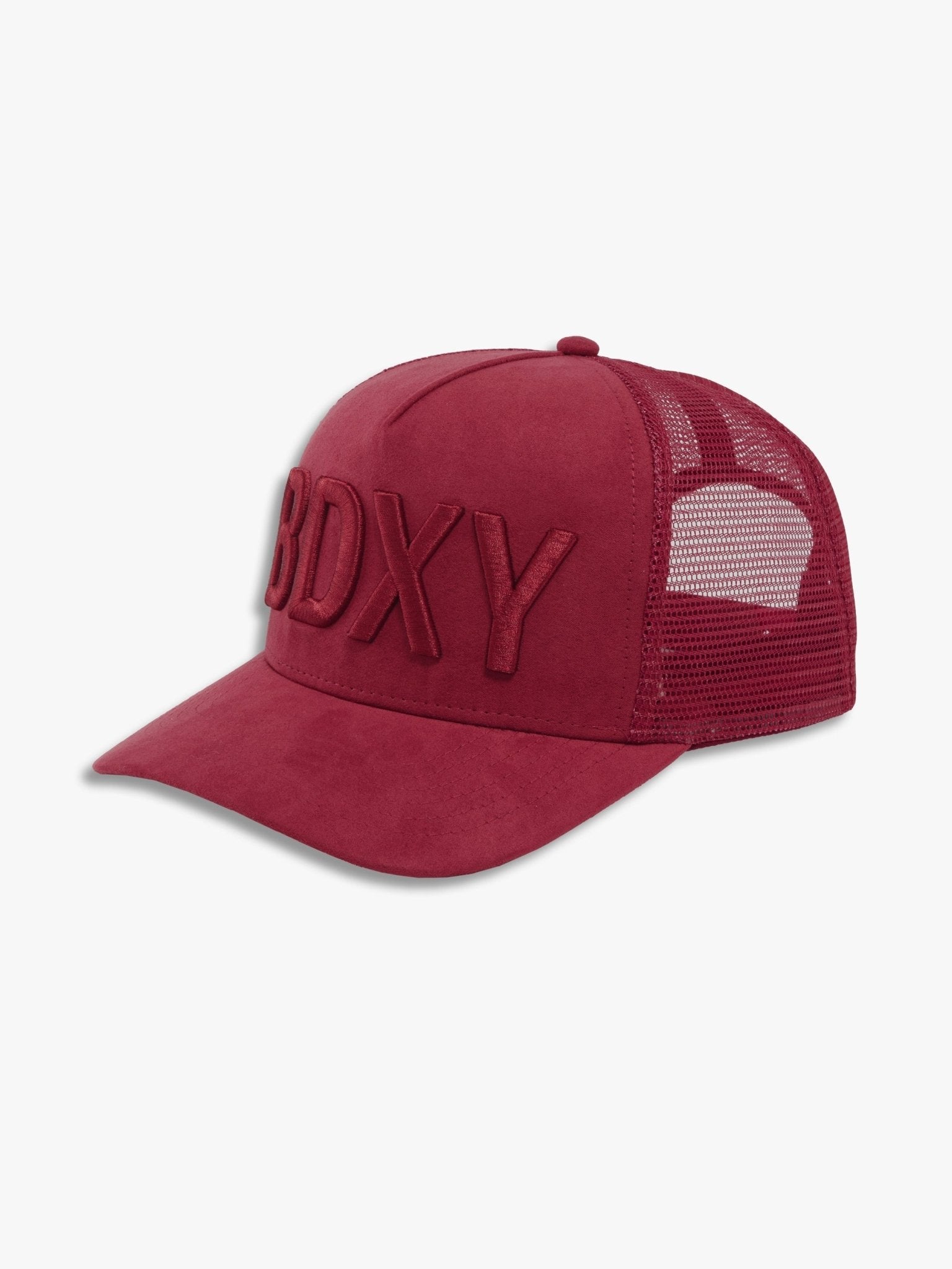 Burgundy "The Gaffer" trucker cap by BDXY Studios, featuring mesh back and curved brim, casual outdoor headwear.