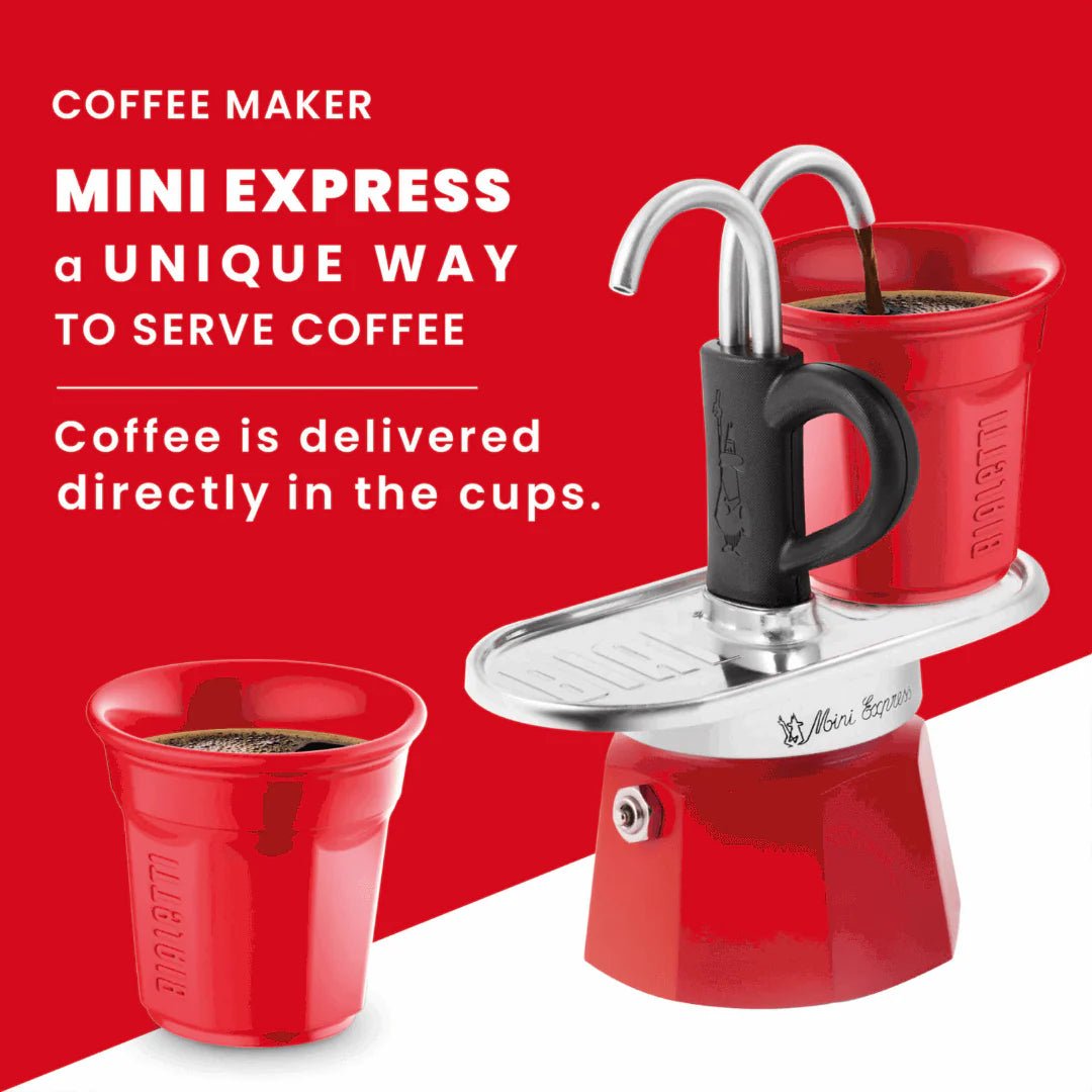 Red Bialetti Mini Express double serve coffee maker with two cups, compact design, and Brew Italia branding.