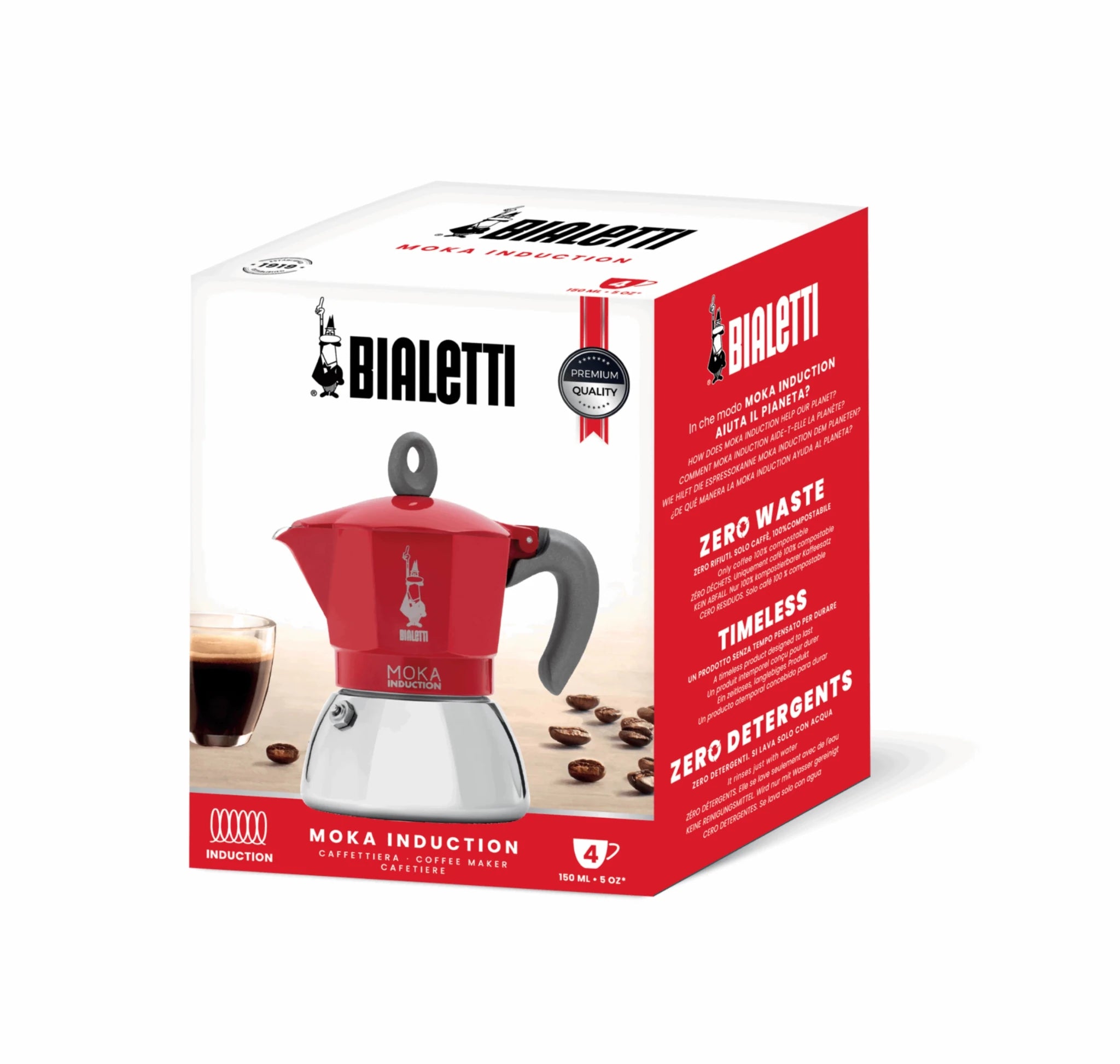 Bialetti Brew Italia Moka induction stovetop coffee maker with packaging, designed for brewing rich espresso-style coffee.