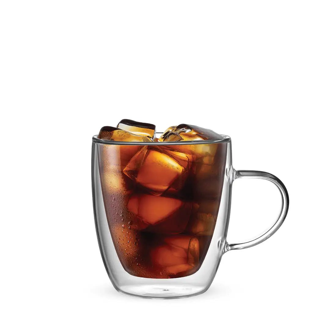 Set of two Bialetti Capri double-walled glass mugs, 350ml, ideal for coffee or tea, with clear glass design and Brew Italia branding.
