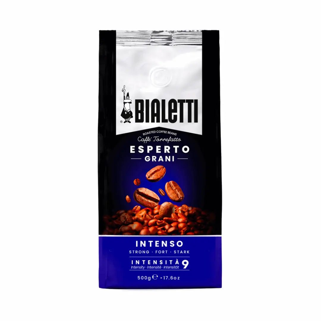 Bialetti Brew Italia Whole Bean Coffee Intenso with dark roasted coffee beans in a close-up shot