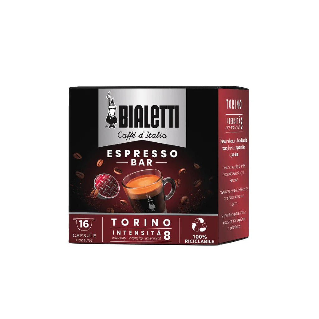 Bialetti Caffe’ d’Italia Coffee Capsules by Brew Italia, compatible with Gioia espresso machines, in a clear container.