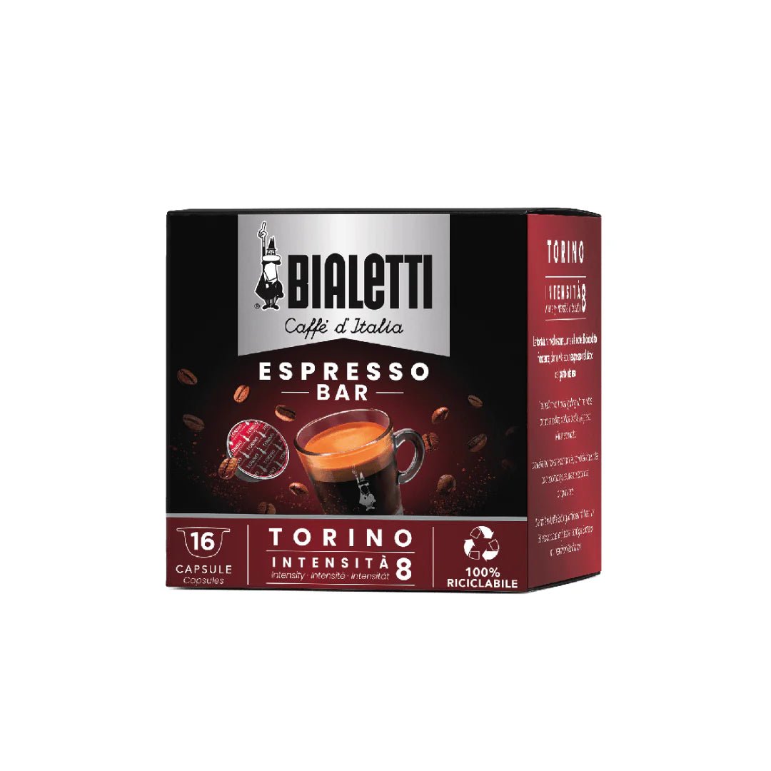 Bialetti Caffe’ d’Italia Coffee Capsules by Brew Italia, compatible with Gioia espresso machines, in a clear container.