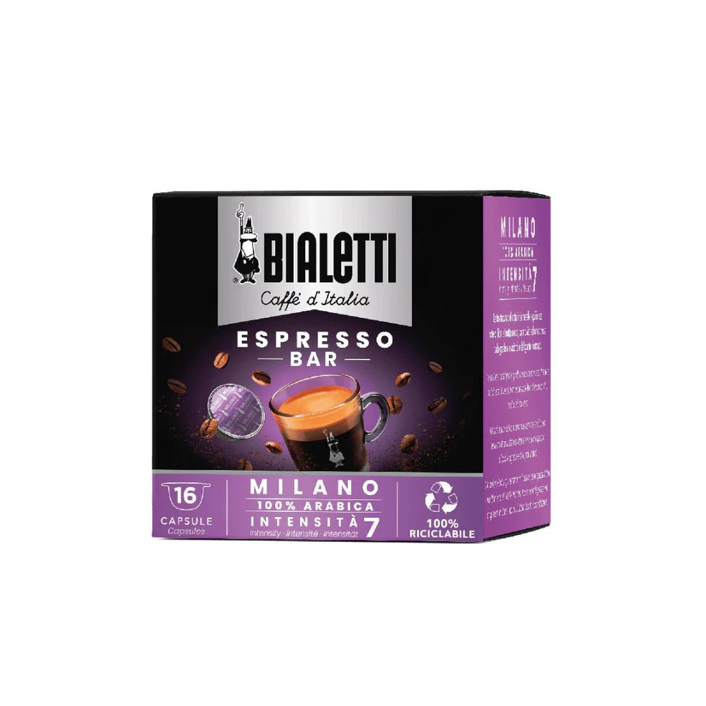 Bialetti Caffe’ d’Italia Coffee Capsules by Brew Italia, Gioia compatible, showcasing a row of coffee capsules in a clear container.