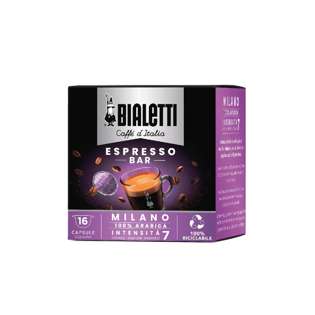 Bialetti Caffe’ d’Italia Coffee Capsules by Brew Italia, Gioia compatible, showcasing a row of coffee capsules in a clear container.