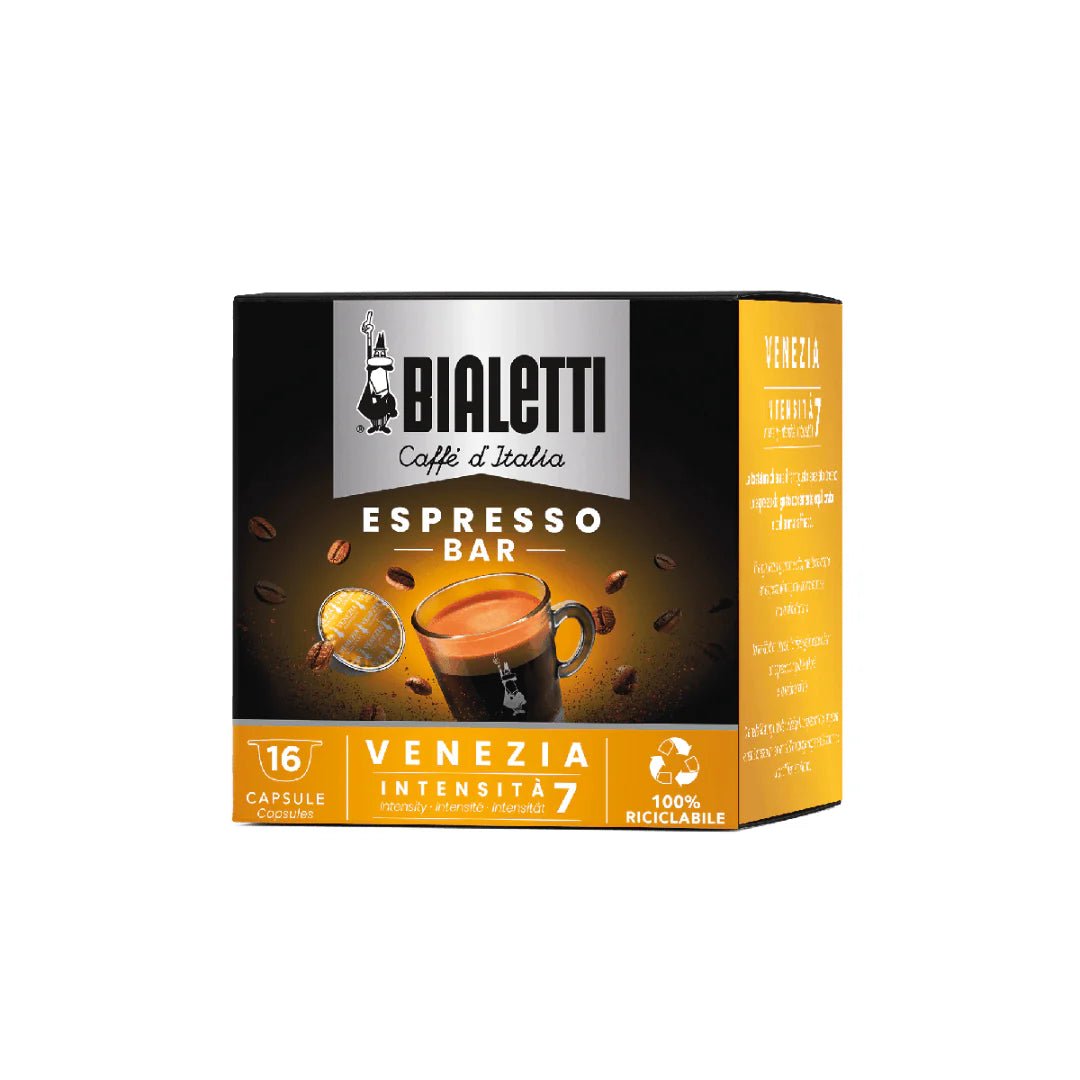 Bialetti Caffe’ d’Italia Coffee Capsules by Brew Italia, Gioia compatible, in a box with several capsules visible on a white background.