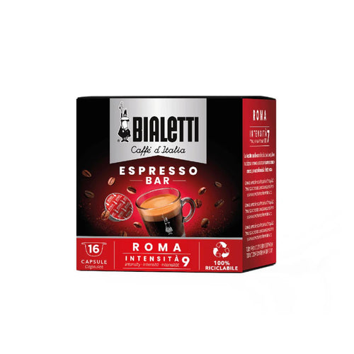 Bialetti Caffe’ d’Italia coffee capsules by Brew Italia, compatible with Gioia espresso machines, in colorful packaging.