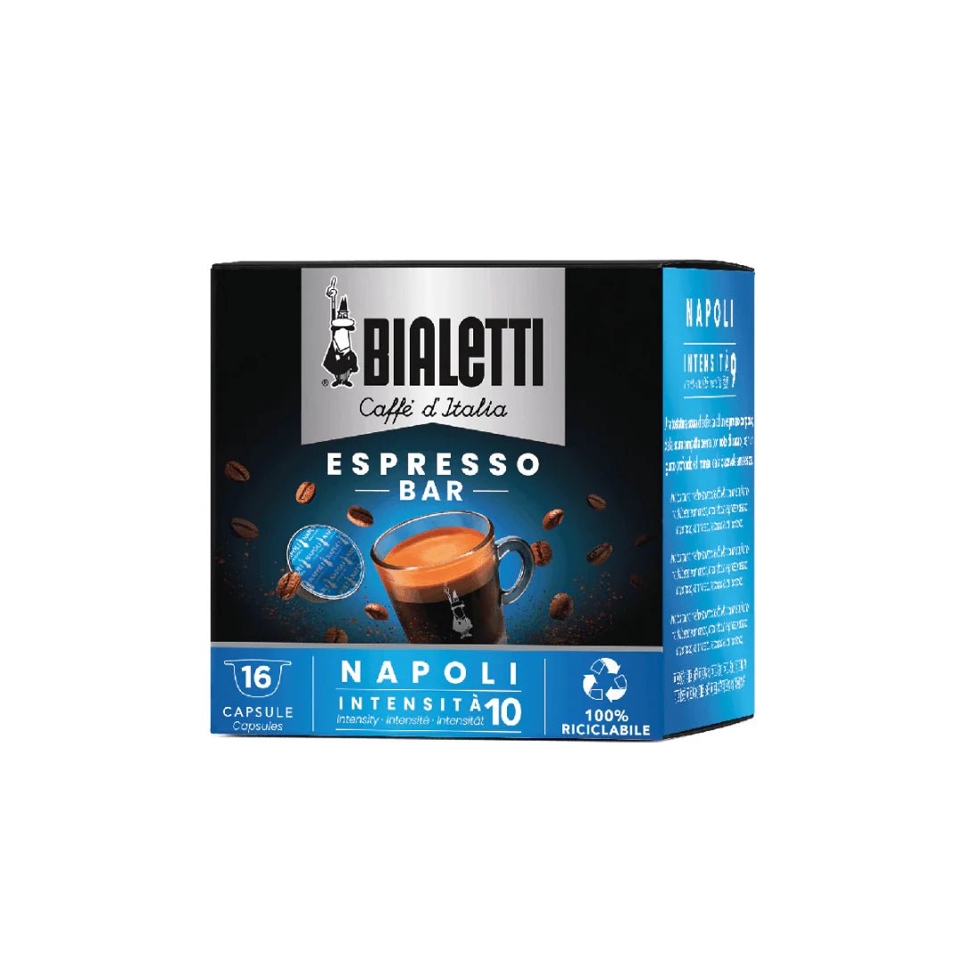 Bialetti Caffe’ d’Italia Gioia compatible coffee capsules by Brew Italia, shown in a row with colorful packaging.