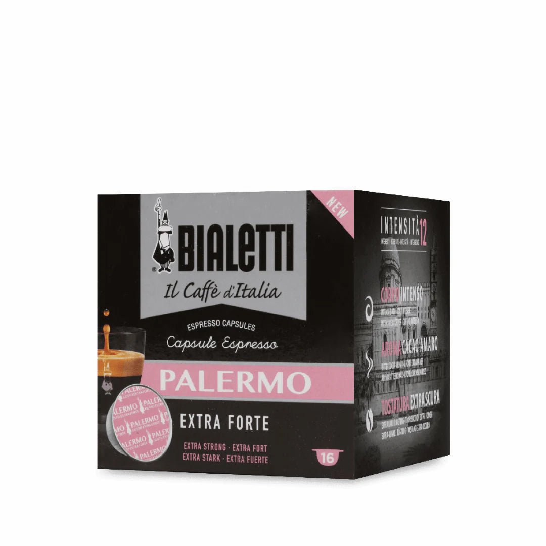 Bialetti Caffe’ d’Italia coffee capsules compatible with Gioia, Brew Italia brand, showing a row of dark roasted capsules.