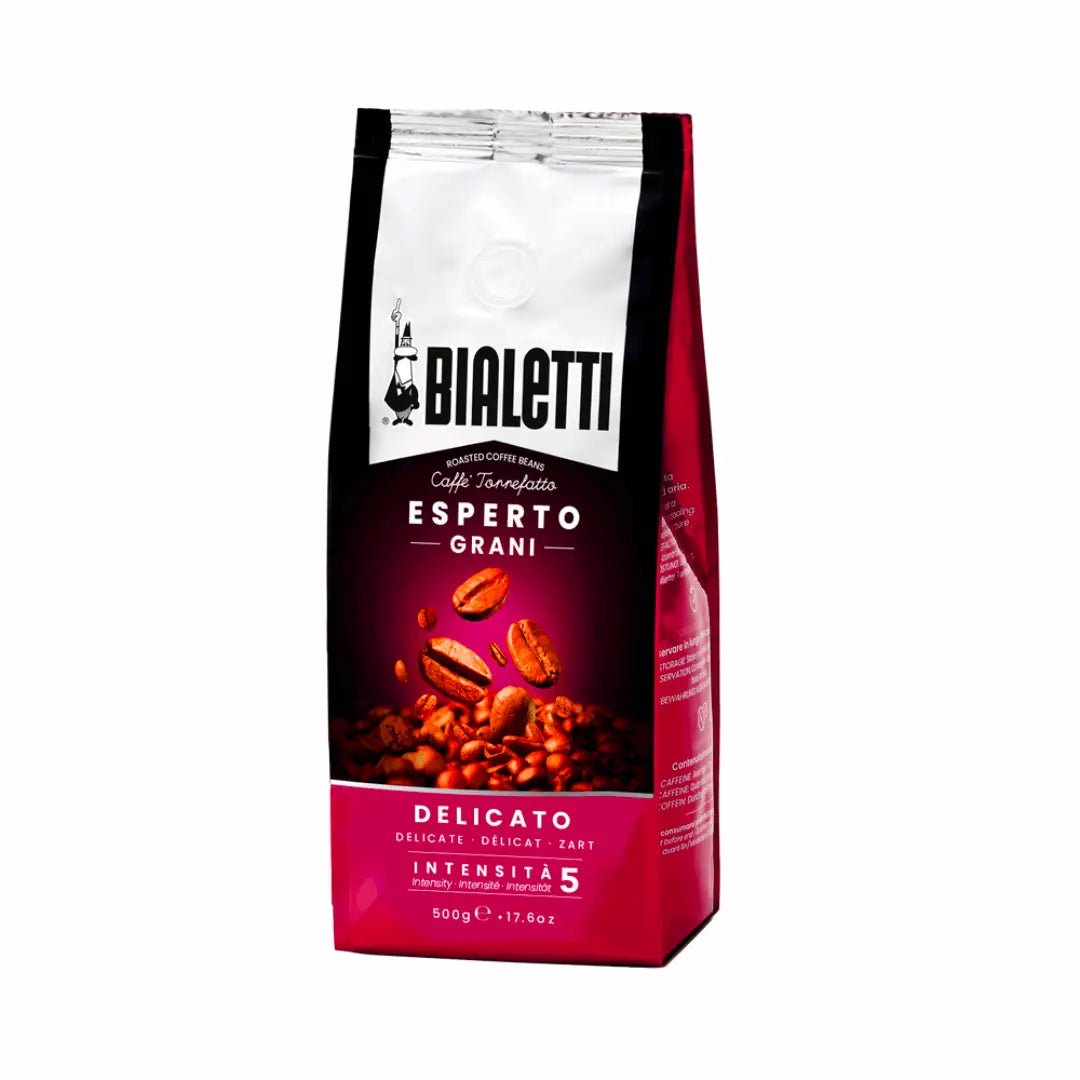 Bialetti Brew Italia Delicato whole bean coffee with roasted coffee beans in a jar, showcasing a rich, aromatic coffee product.