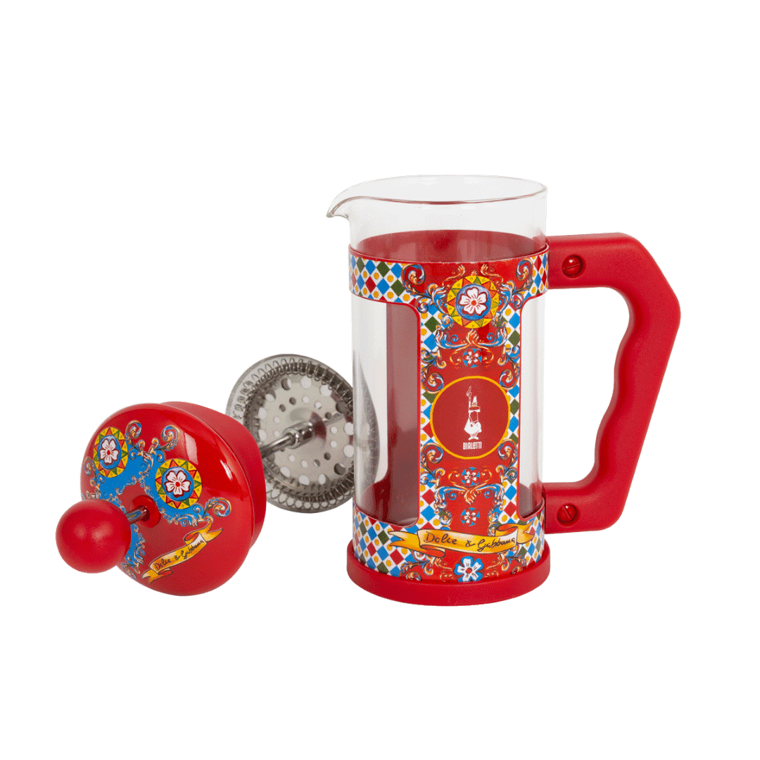 Bialetti Dolce&Gabbana Sicilian Cart cafetière by Brew Italia, 350ml, featuring a colorful Sicilian design and stainless steel handle.