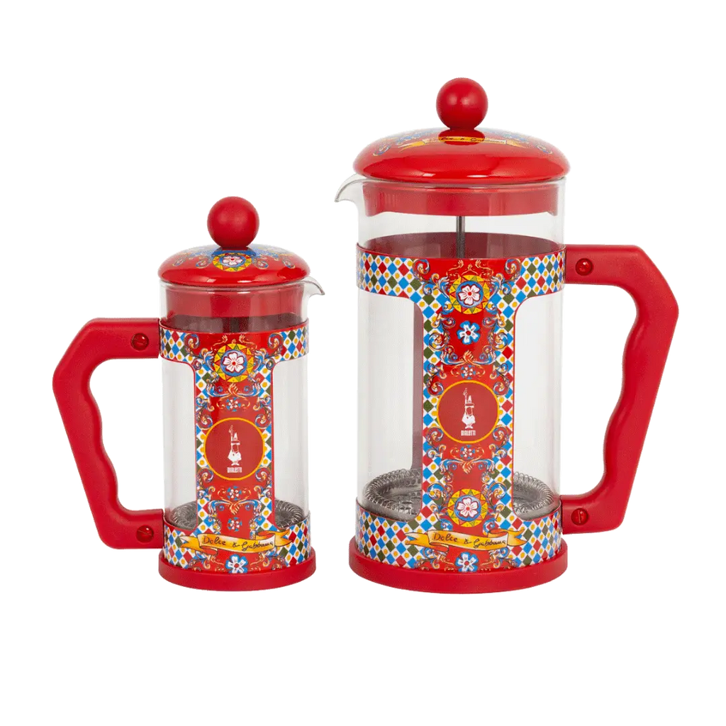 Bialetti Dolce&Gabbana Sicilian Cart coffee press by Brew Italia, featuring detailed Sicilian cart design and stainless steel construction.