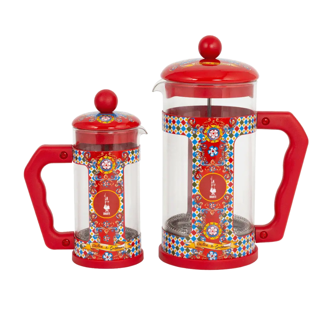 Bialetti Dolce&Gabbana Sicilian Cart coffee press by Brew Italia, featuring detailed Sicilian cart design and stainless steel construction.