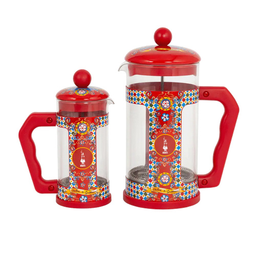 Bialetti Dolce&Gabbana Sicilian Cart coffee press by Brew Italia, featuring detailed Sicilian cart design and stainless steel construction.
