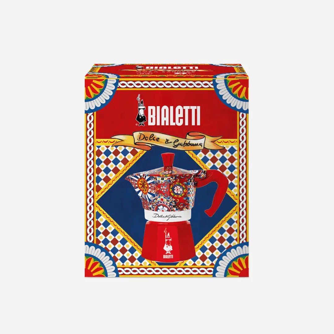 Bialetti Dolce&Gabbana Sicilian Cart Moka Express coffee maker with vibrant design, stainless steel handle, and classic Bialetti style