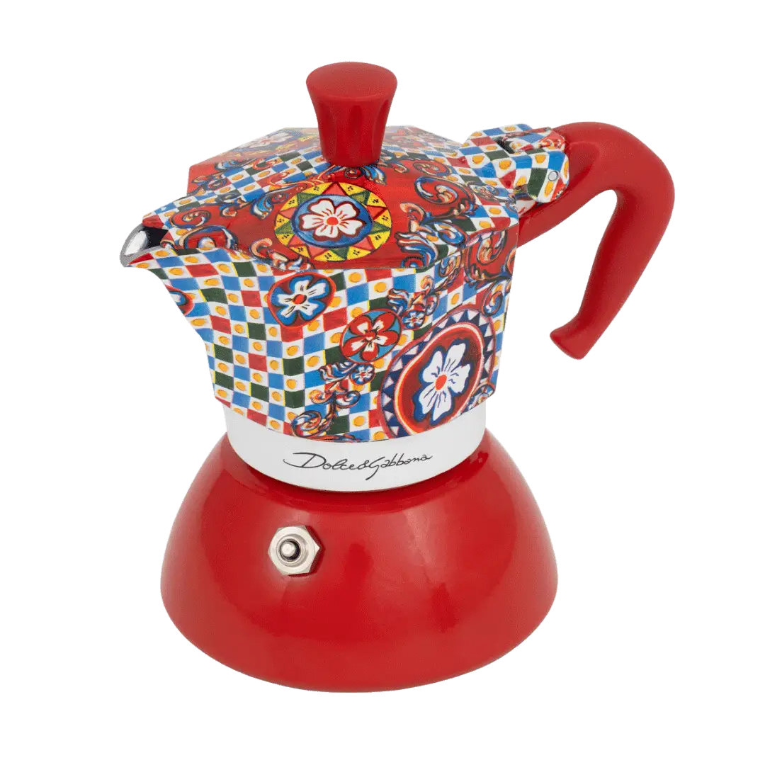 Bialetti Dolce&Gabbana Sicilian Cart Moka Induction coffee maker, 2-cup size, with colorful Sicilian-inspired design.