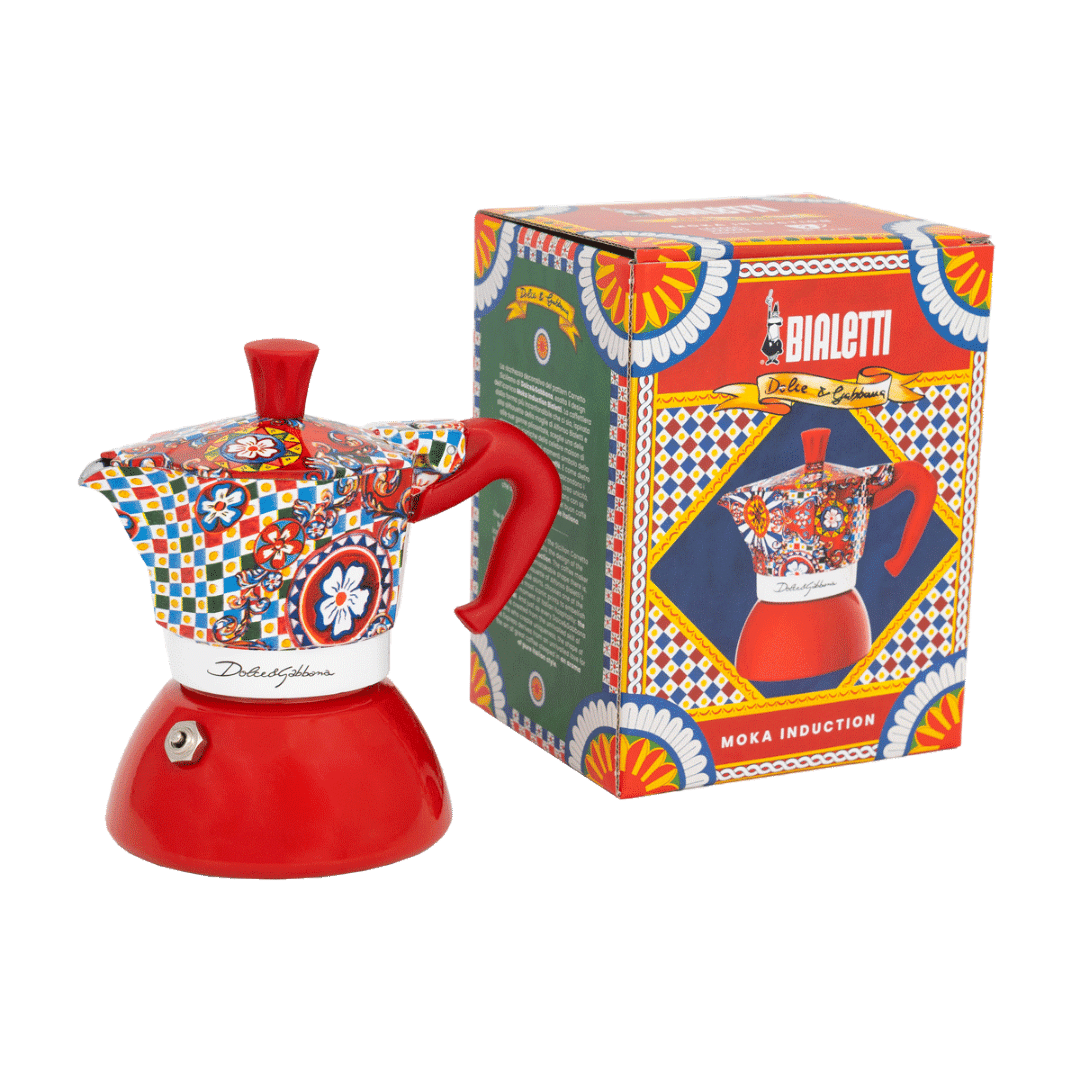 Bialetti Dolce&Gabbana Sicilian Cart Moka Induction coffee maker with 2 cups and box, designed for induction stovetops.