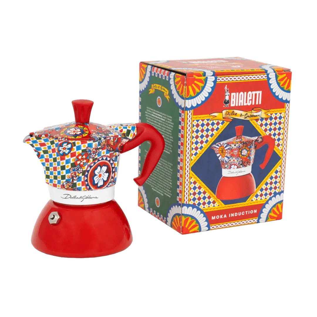 Bialetti Dolce&Gabbana Sicilian Cart Moka Induction coffee maker, 2-cup size, with packaging, for stovetop brewing.