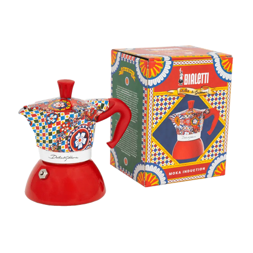 Bialetti Dolce&Gabbana Sicilian Cart Moka Induction coffee maker, 2-cup size, with packaging, for stovetop brewing.