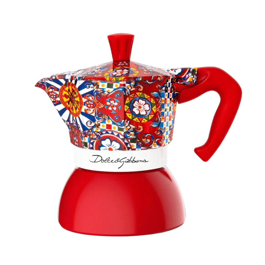 Bialetti Dolce&Gabbana Sicilian Cart Moka Induction coffee maker, 2-cup size, with colorful Sicilian-inspired design and stainless steel finish.