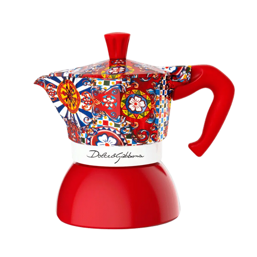 Bialetti Dolce&Gabbana Sicilian Cart Moka Induction coffee maker, 2-cup size, with colorful Sicilian-inspired design and stainless steel finish.