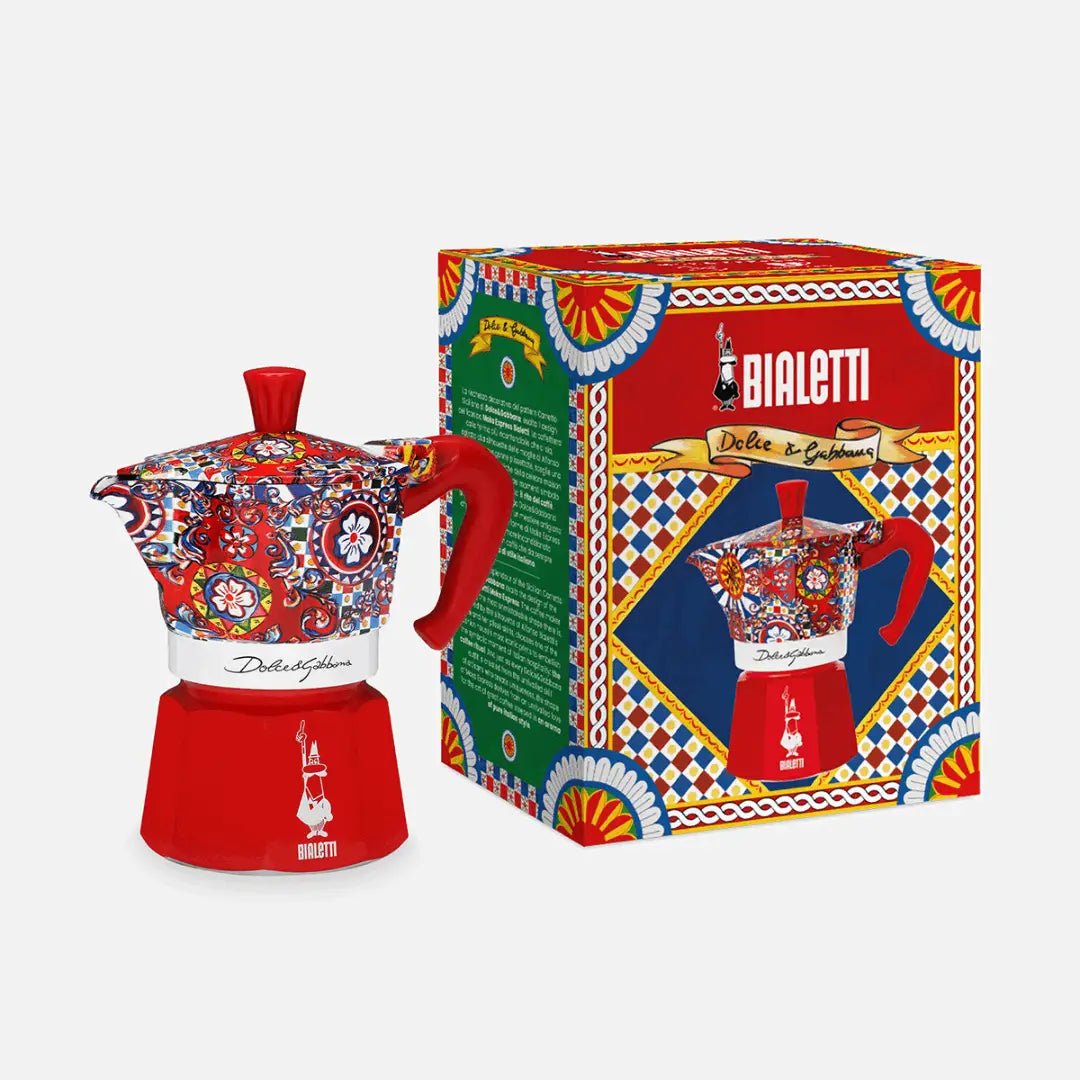 Bialetti Sicilian Cart Moka Express coffee maker with Dolce&Gabbana design, featuring a classic aluminum espresso pot with colorful Sicilian motifs.
