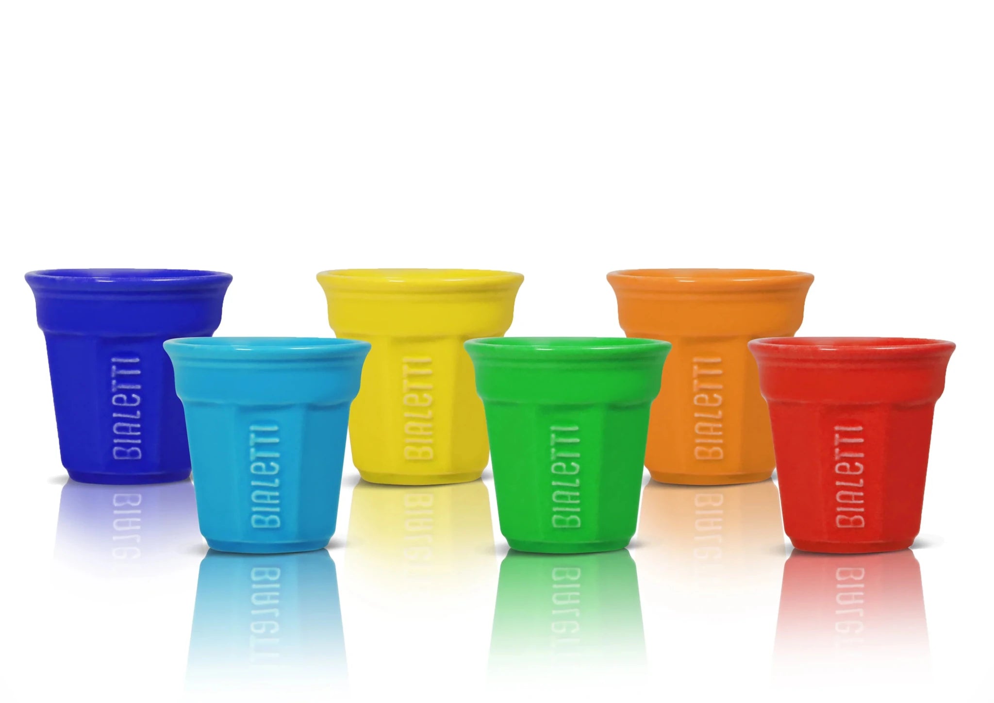 Set of six colorful Bialetti espresso cups by Brew Italia, featuring vibrant ceramic design perfect for serving espresso.