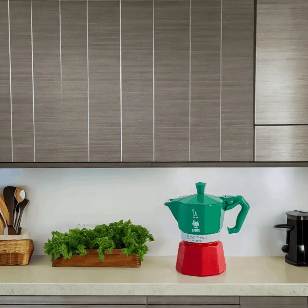 Bialetti Moka Express Italia Exclusive stainless steel stovetop espresso maker by Brew Italia, with a polished finish and ergonomic handle.