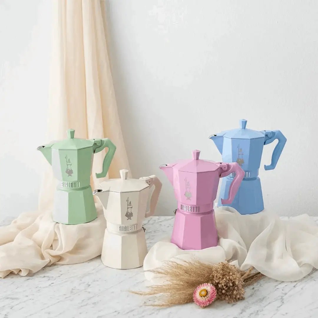Bialetti Moka Express Exclusive in pastel color, Brew Italia brand, showing the stovetop coffee maker with a sleek design and pastel finish.