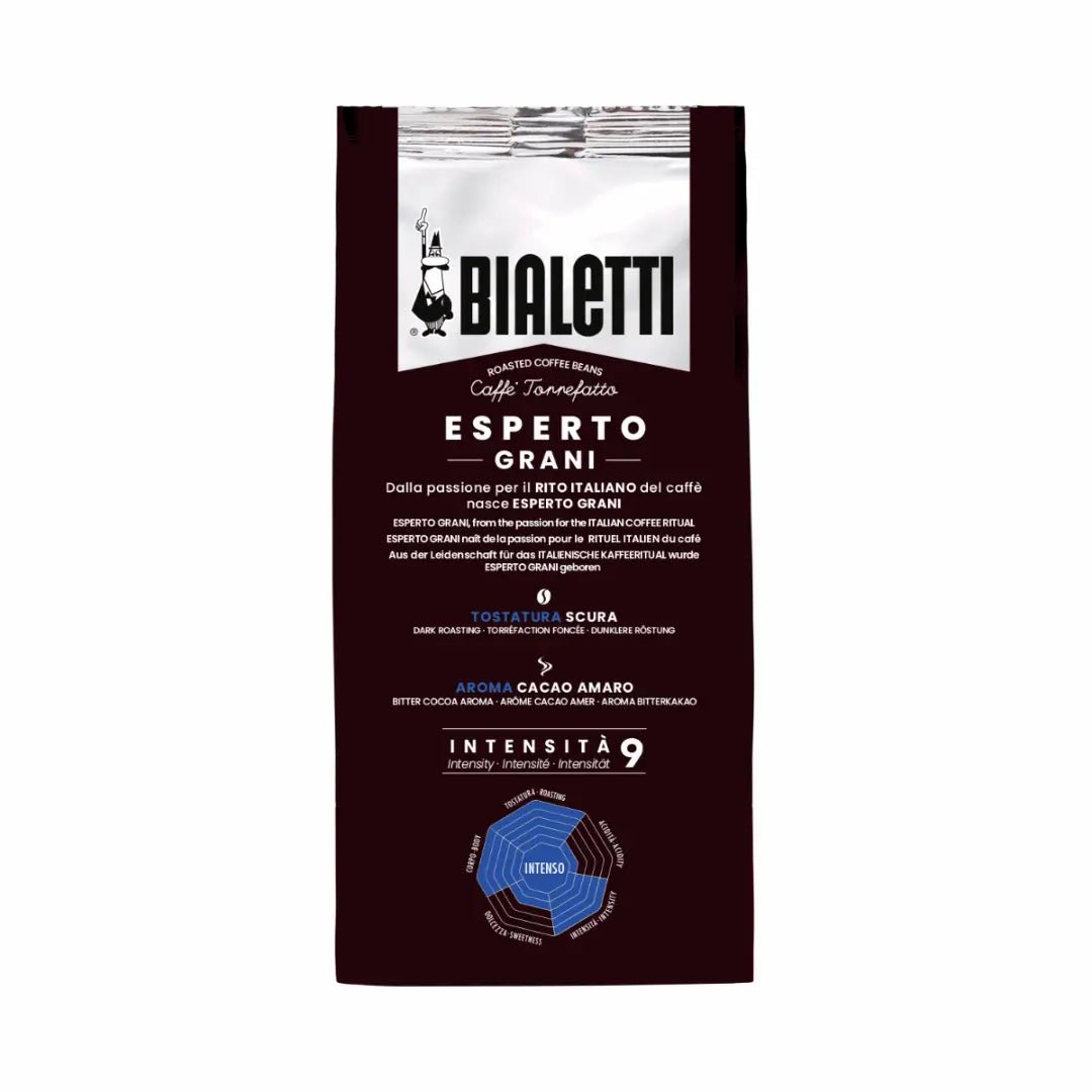 Bialetti Intenso whole bean coffee by Brew Italia, showcasing dark roasted coffee beans on a neutral background.