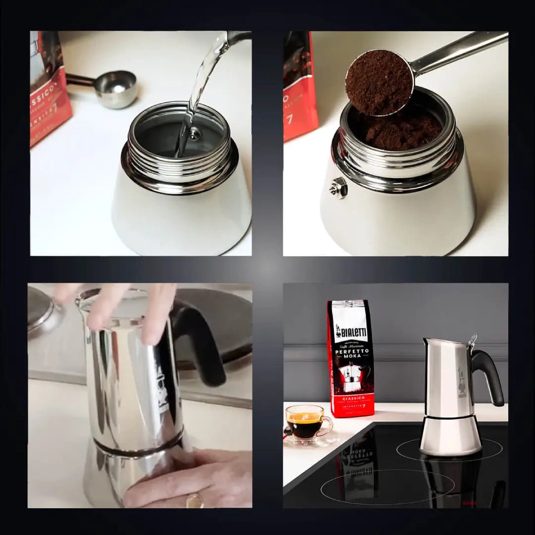 Bialetti Venus Italian coffee maker by Brew Italia, stainless steel stovetop espresso pot with handle and lid for brewing coffee.