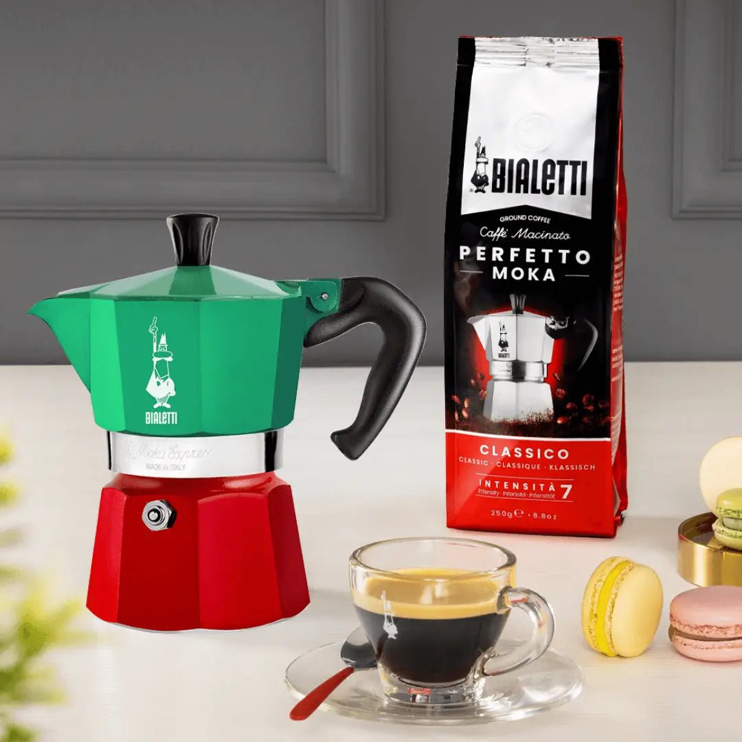 Bialetti Moka Express Tricolore Italia stovetop coffee maker with colorful design, perfect for brewing espresso-style coffee at home.