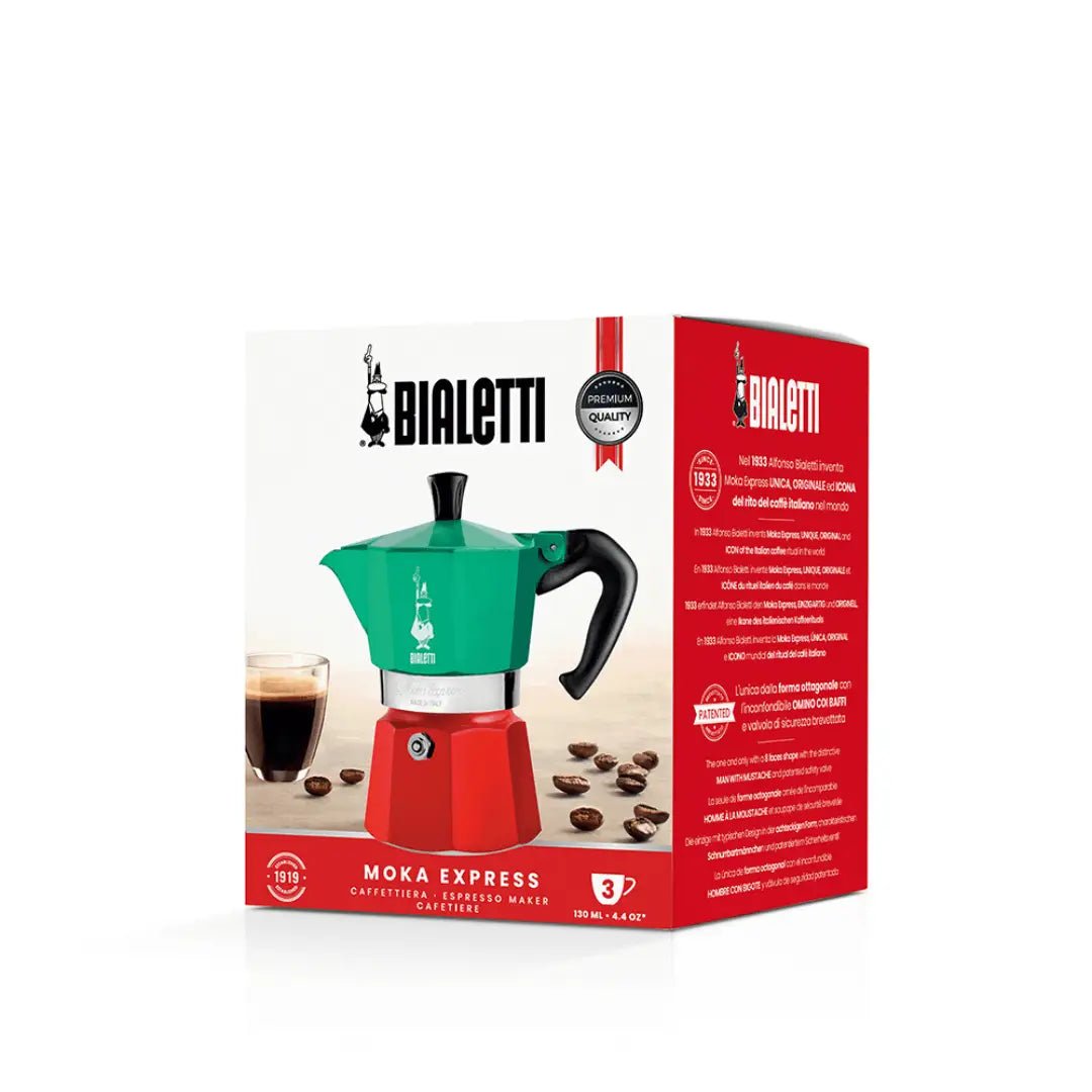 Bialetti Moka Express Tricolore Italia stovetop coffee maker with colorful packaging and classic Italian design.