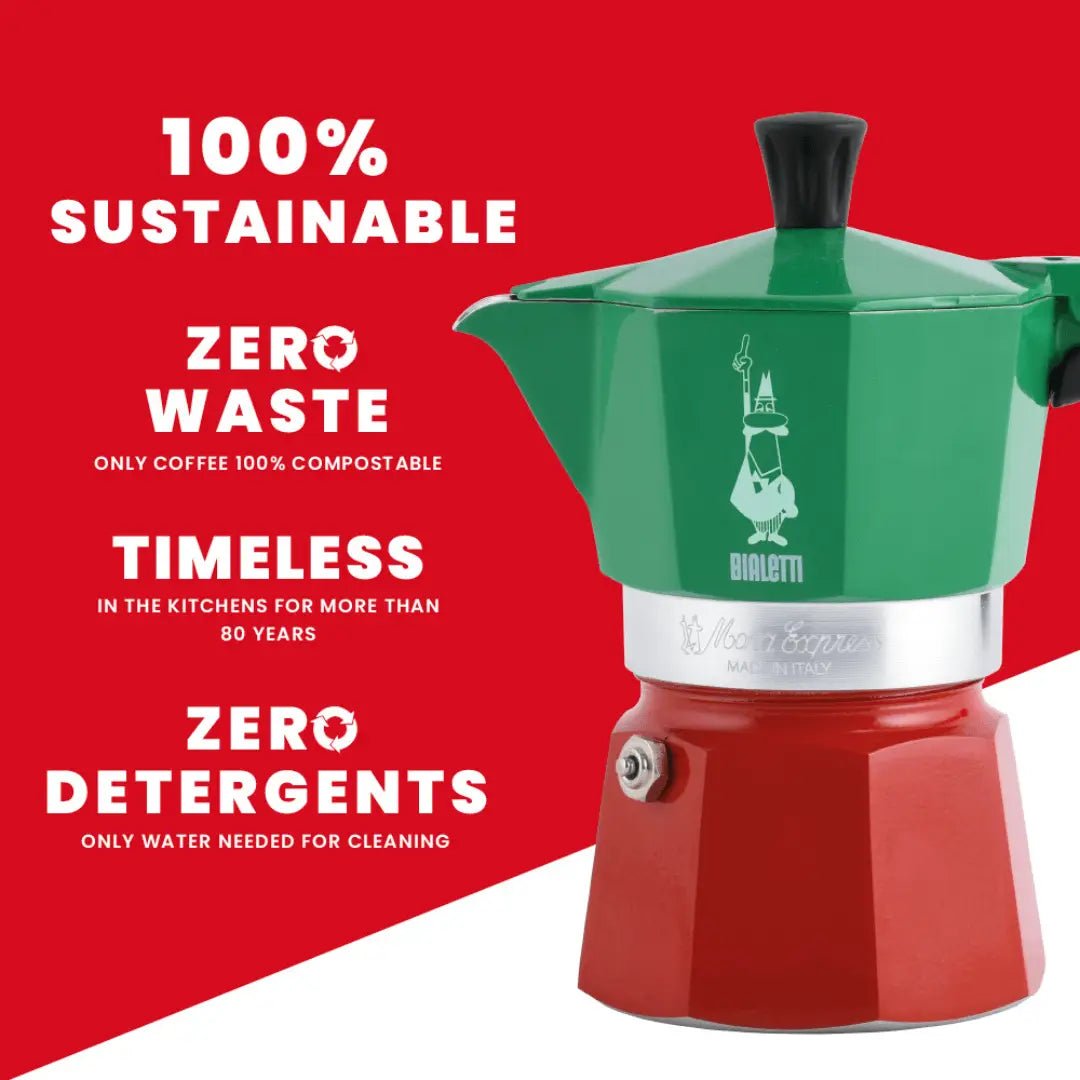 Bialetti Moka Express Tricolore Italia stovetop coffee maker with colorful design, Brew Italia branding, and stainless steel construction.