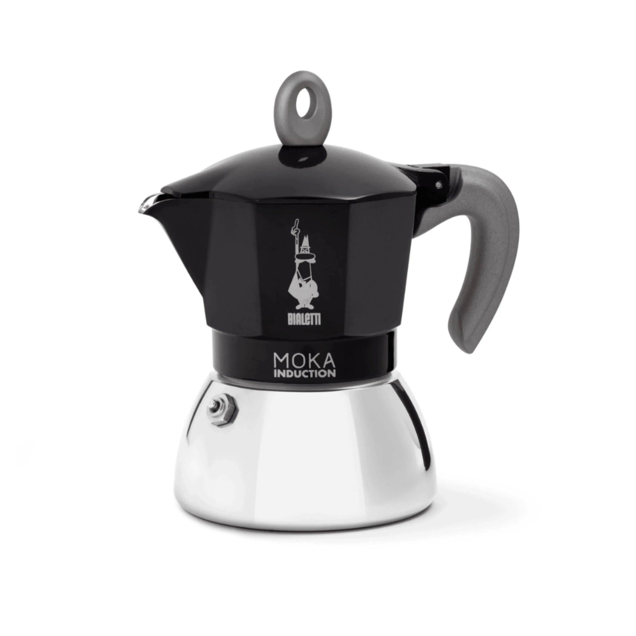Bialetti Moka Induction stovetop coffee maker with stainless steel body and black handle, designed for induction cooktops.