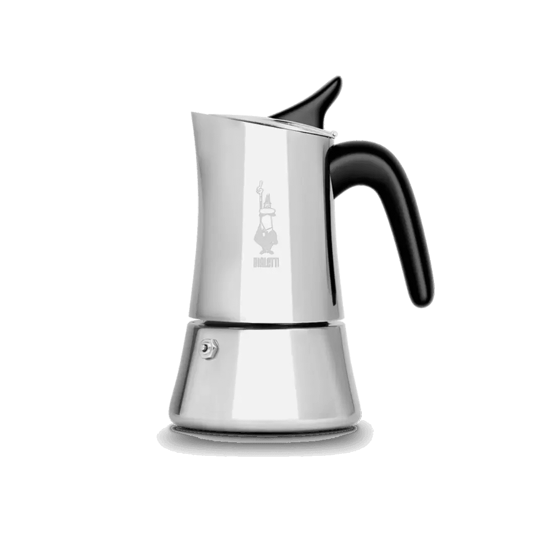 Bialetti Moka Express Exclusive coffee maker by Brew Italia, featuring a sleek moon-shaped design and stainless steel construction.