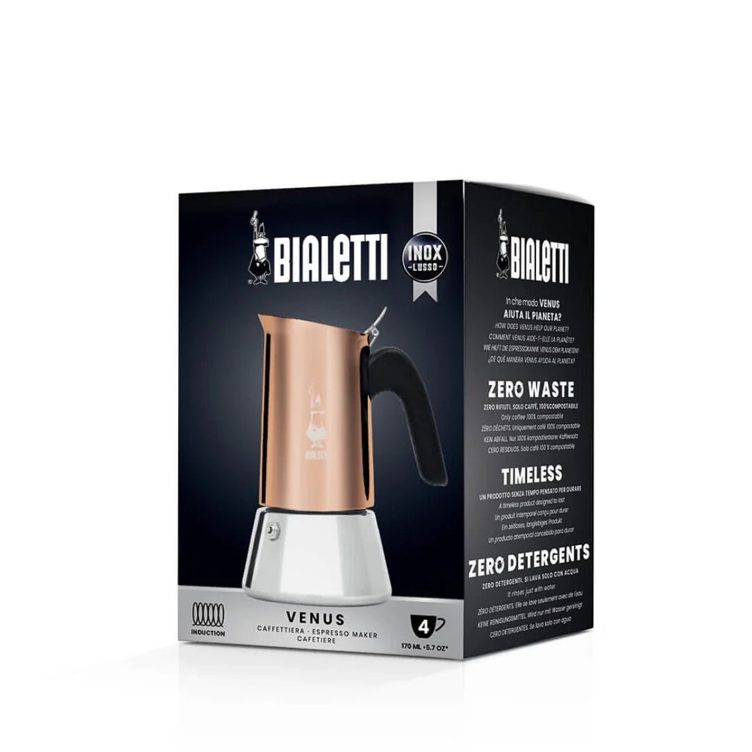 Stainless steel Bialetti Venus stovetop coffee maker by Brew Italia, with a sleek design and polished finish for brewing espresso.