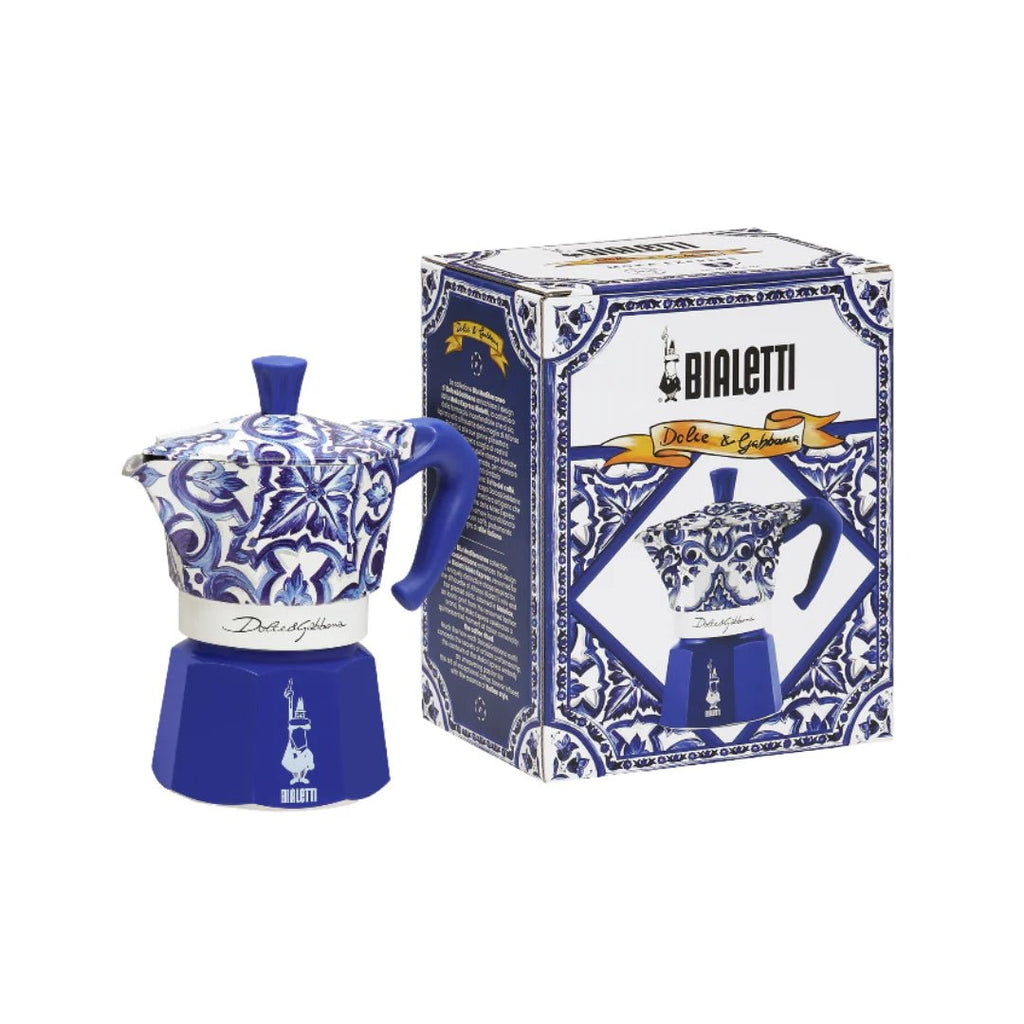Bialetti X Dolce&Gabbana Blue Mediterranean 4-cup Moka Express coffee maker on a kitchen countertop