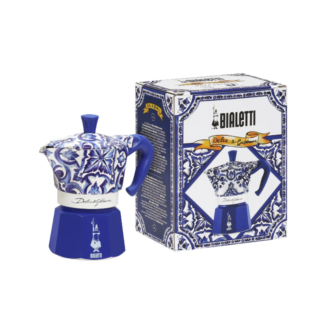 Bialetti X Dolce&Gabbana Blue Mediterranean 4-cup Moka Express coffee maker on a kitchen countertop