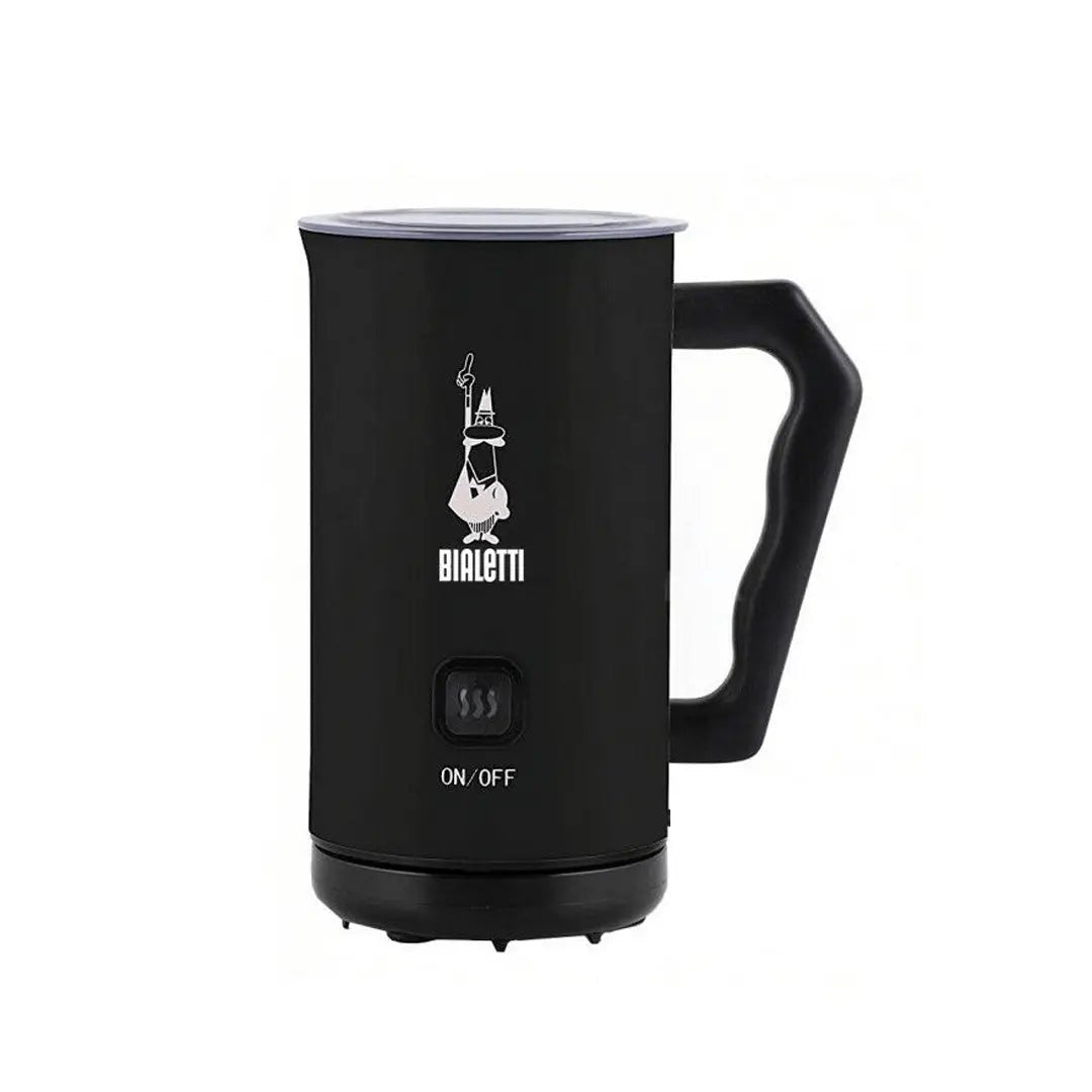 Bialetti electric milk frother in black, compact kitchen appliance for creamy, frothy milk preparation.