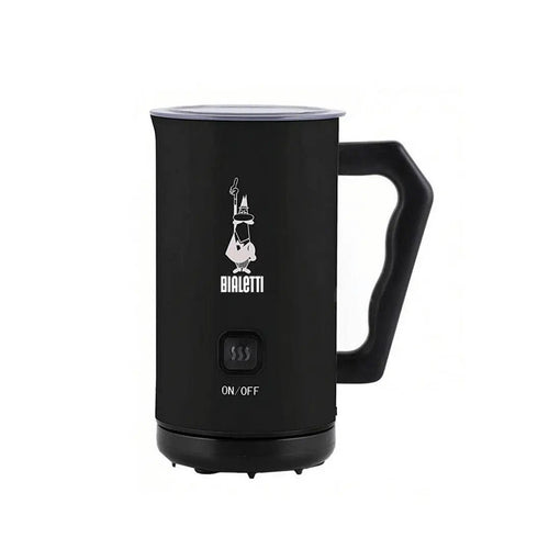 Bialetti electric milk frother in black, compact kitchen appliance for creamy, frothy milk preparation.
