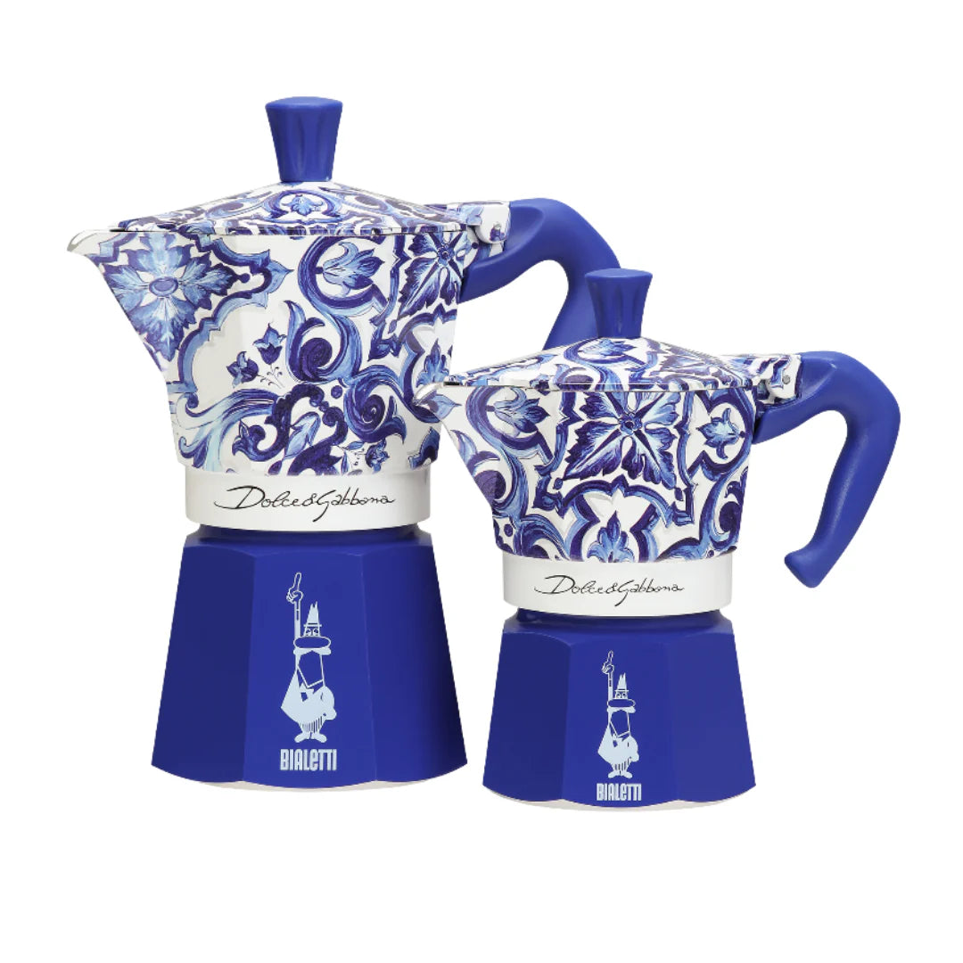 Bialetti Blue Mediterranean Moka Express coffee maker with Dolce&Gabbana design, featuring a blue and white patterned ceramic finish.