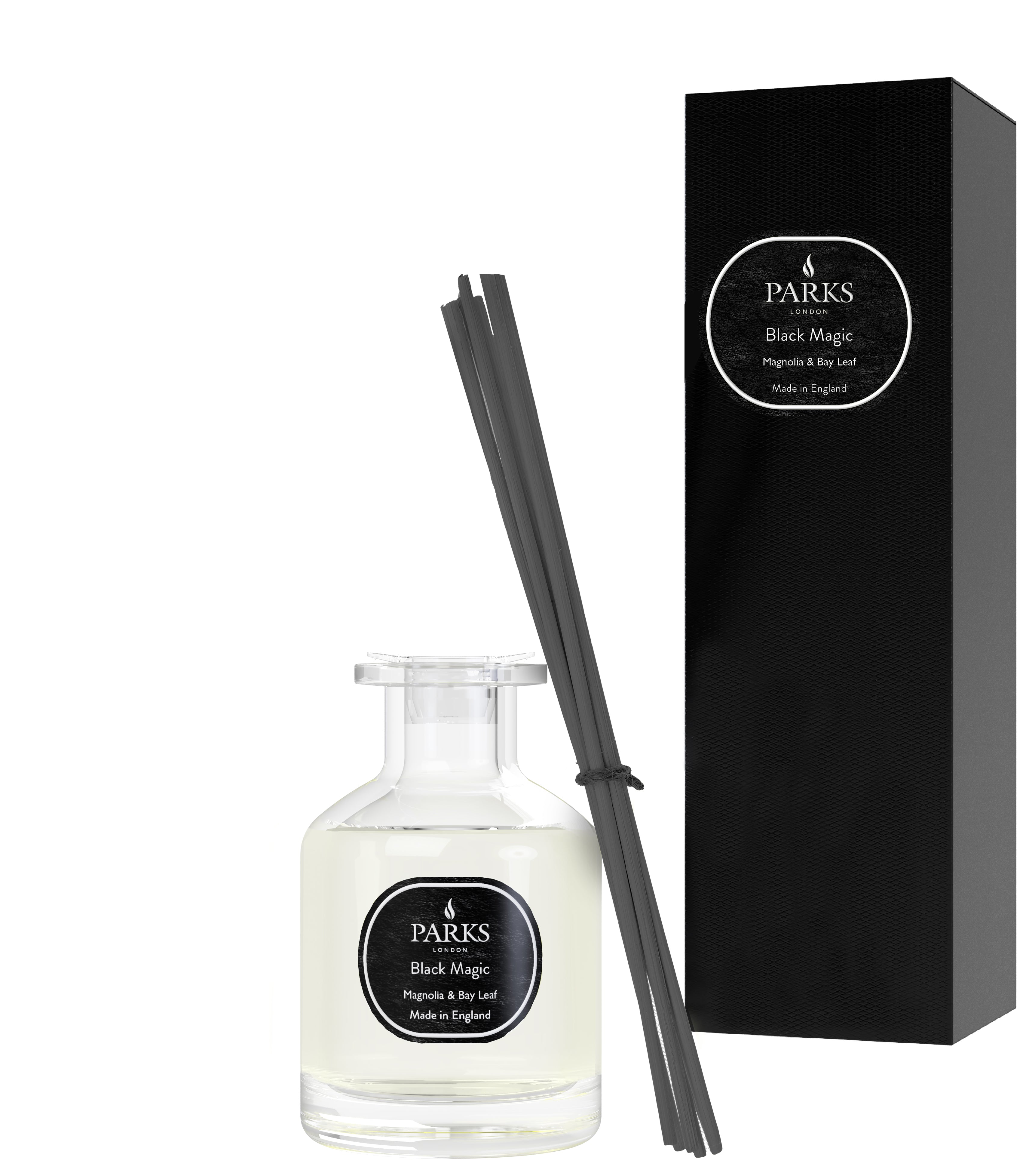 Parks Candles Magnolia & Bay Leaf Reed Diffuser 100ml with elegant glass bottle and natural reed sticks for home fragrance.
