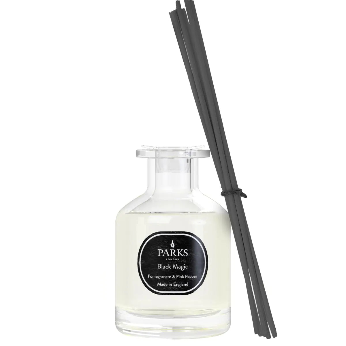 Parks Candles Pomegranate & Pink Pepper reed diffuser bottle with a sleek glass container and natural reed sticks.
