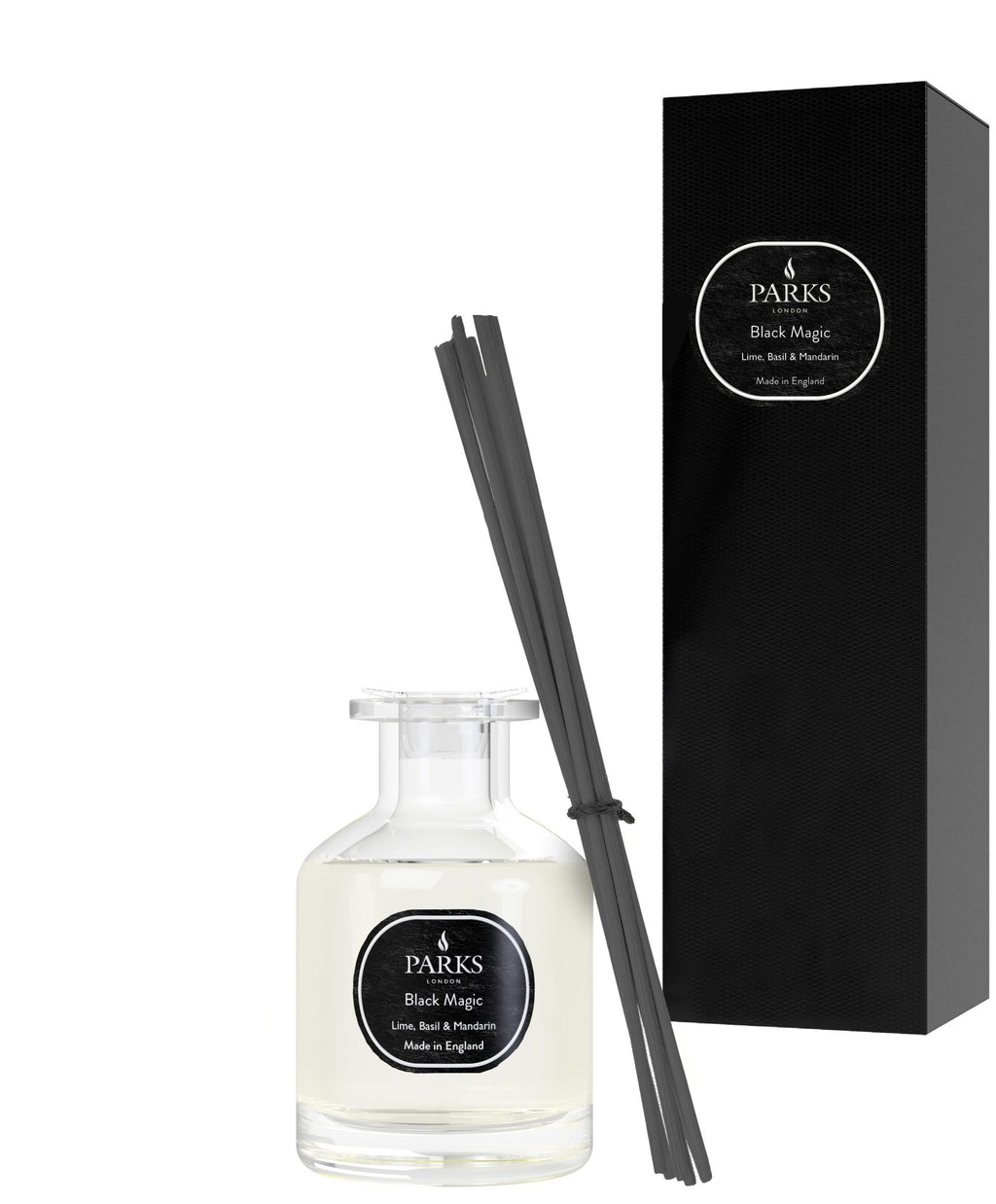 Parks Candles reed diffuser with lime, basil, and mandarin scent in a 100ml glass bottle with rattan reeds.