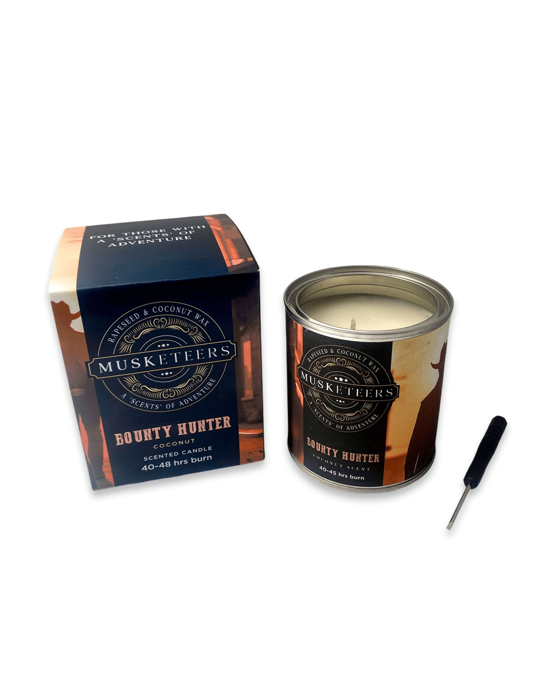 Musketeers Bounty Hunter coconut scented candle with a sleek glass jar and natural palm wax, emitting a tropical coconut aroma.