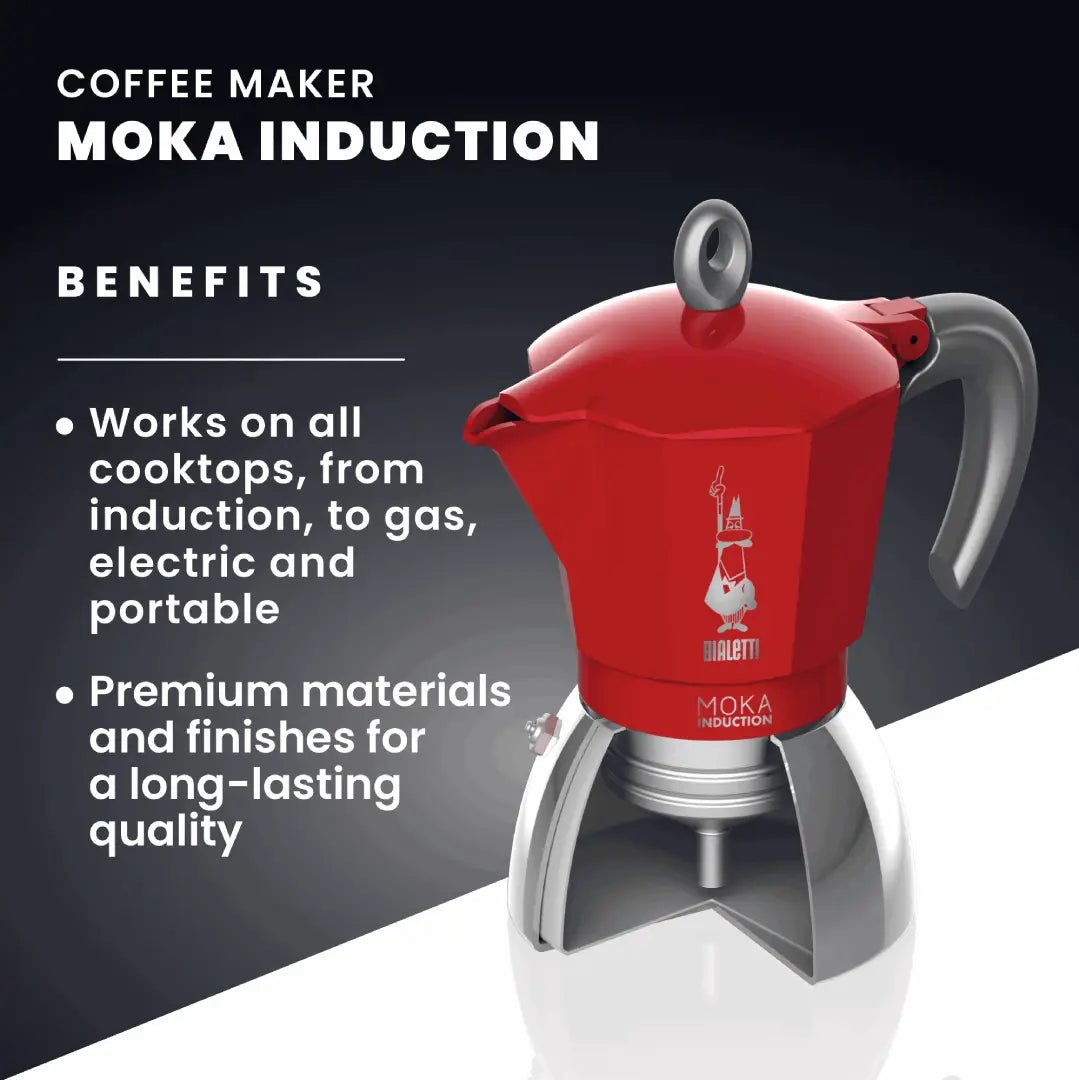 Bialetti Brew Italia Moka induction stovetop coffee maker with shiny aluminum body and black handle for brewing espresso-style coffee